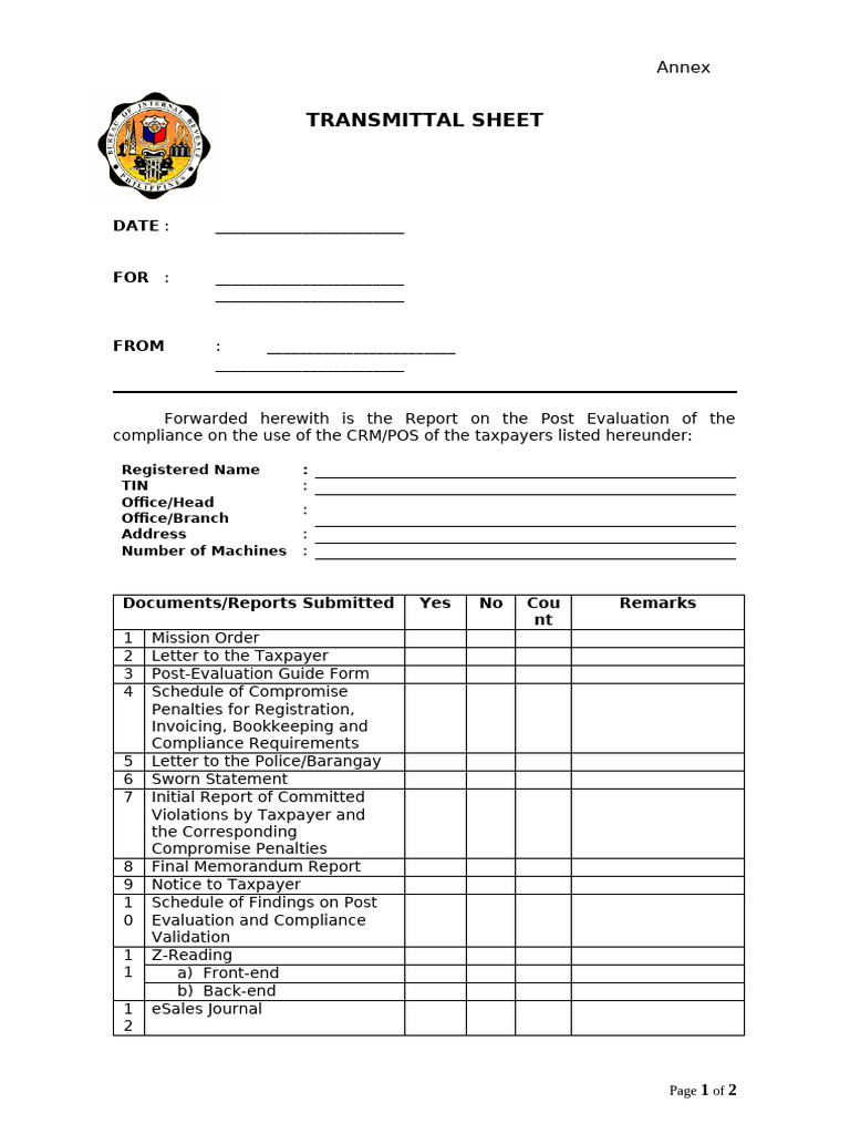 Annex H - Transmittal Sheet | PDF