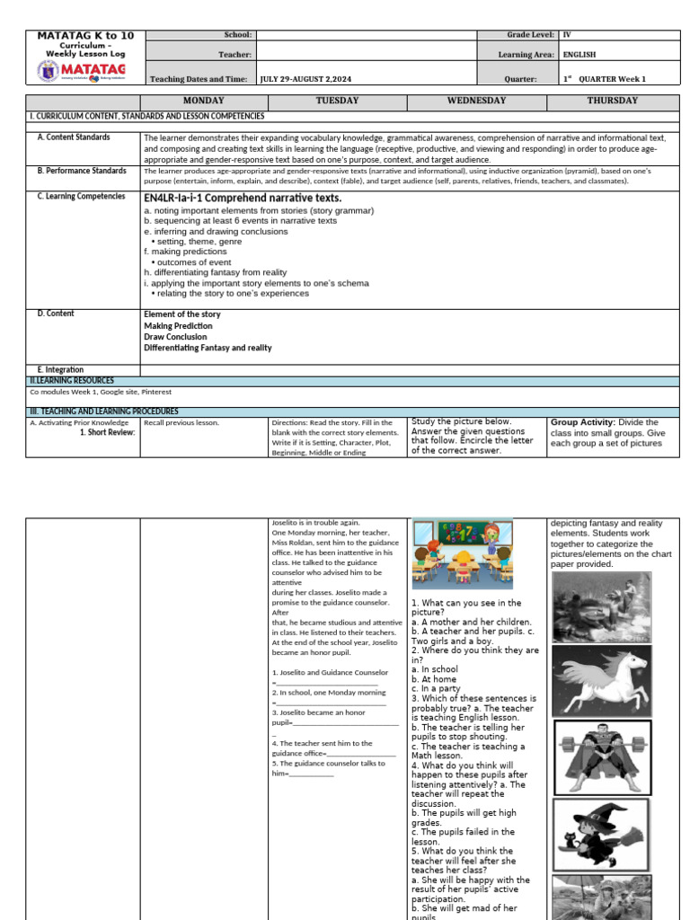 K-10 English Weekly Lesson Plan | PDF | Narrative | Reading Comprehension