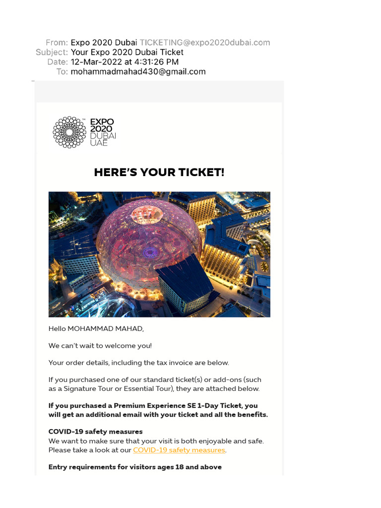 Your Expo 2020 Dubai Ticket | PDF | Global Health