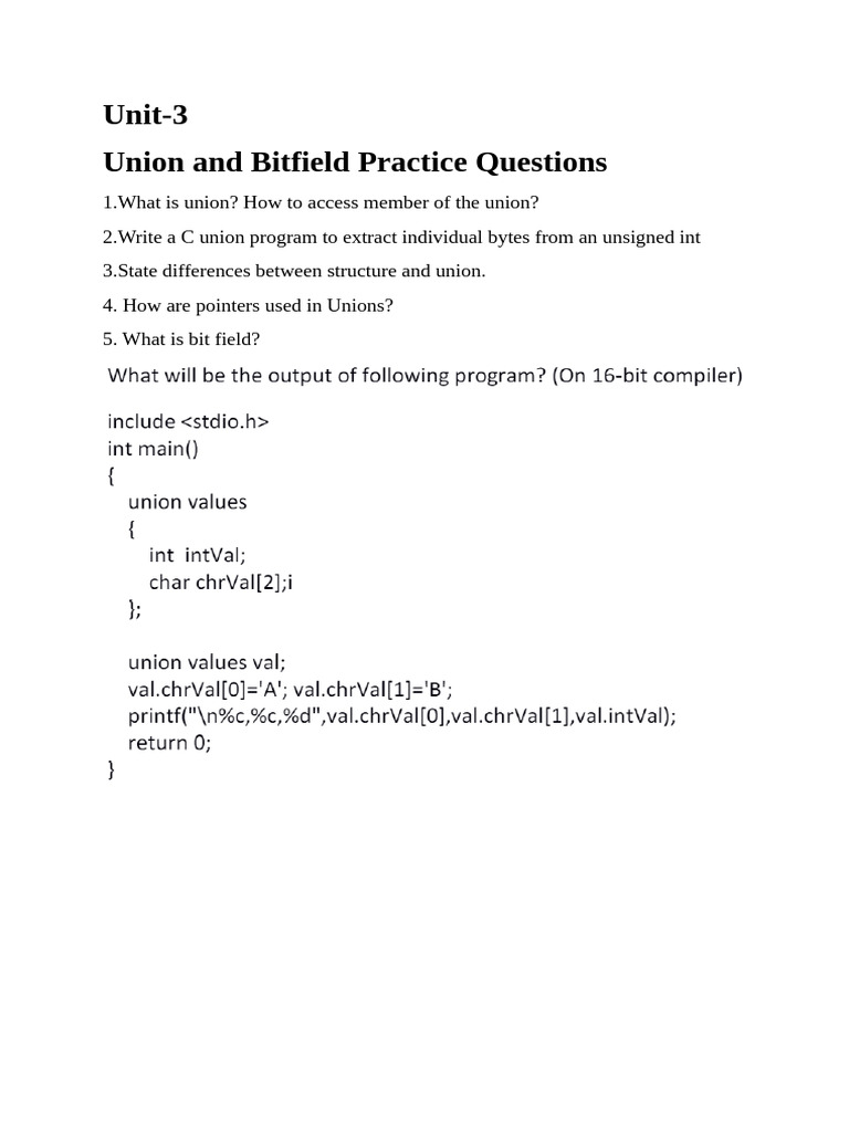 Union and Bitfield Practice Questions | PDF