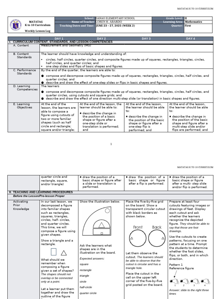 Grade 2 Math Lesson Plan: Week 2 | PDF | Shape | Rectangle