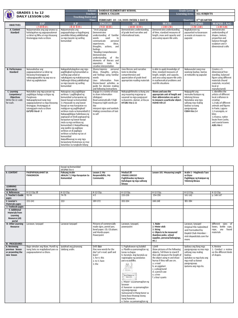 DLL All Subjects 2 q4 w1 d2 | PDF