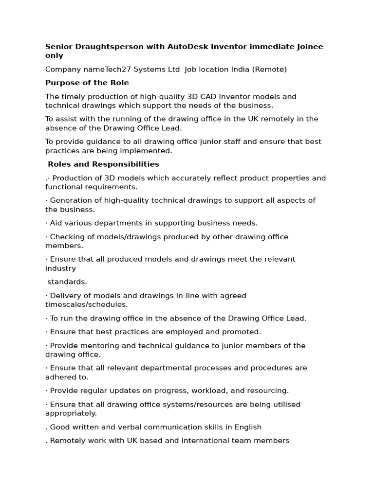 Senior Draughtsperson With AutoDesk Inventor JD | PDF