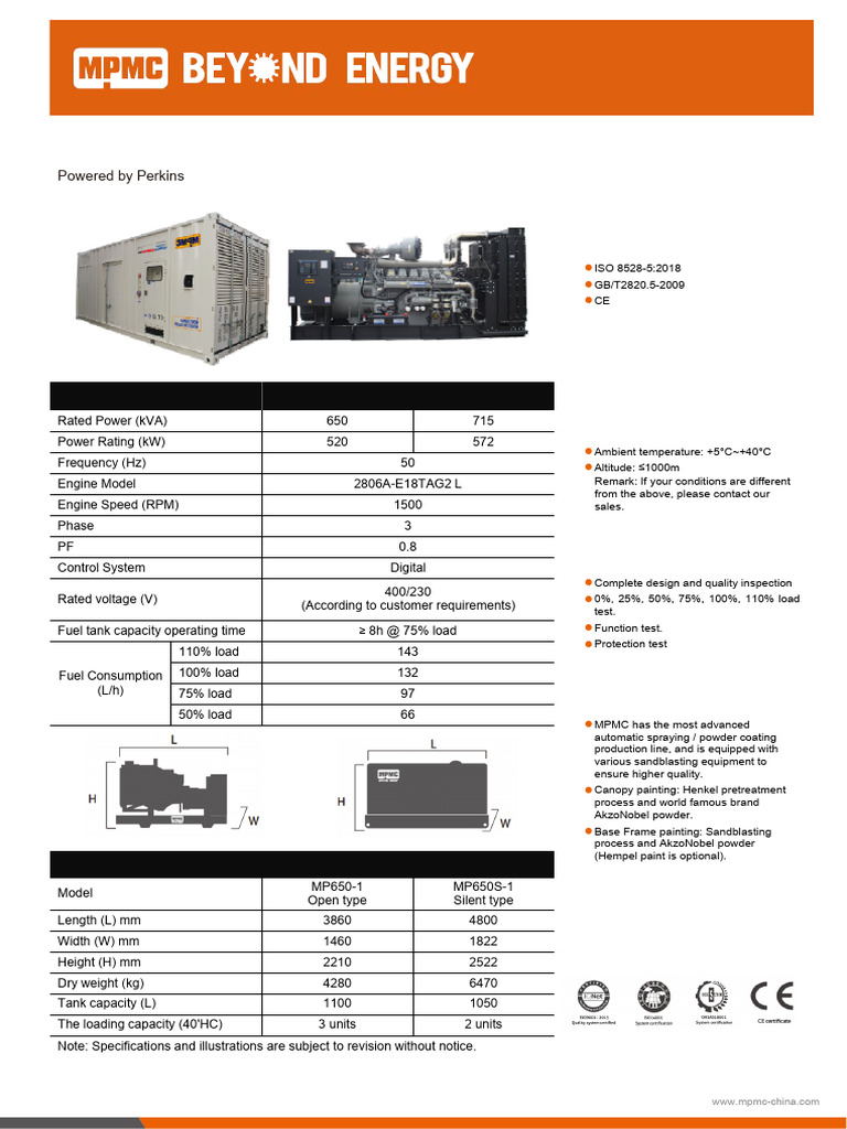 MP650(S)-1 Generator Specifications | PDF | Engines | Electric Generator