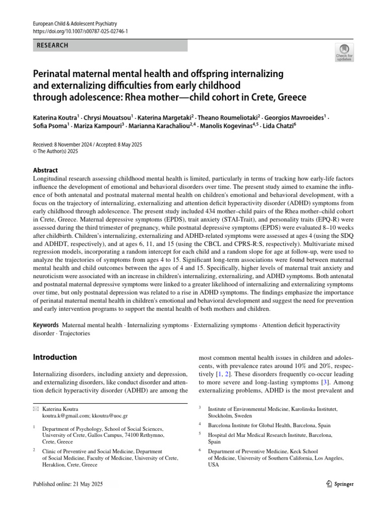 Perinatal Maternal Mental Health and Ofspring Internalizing and ...