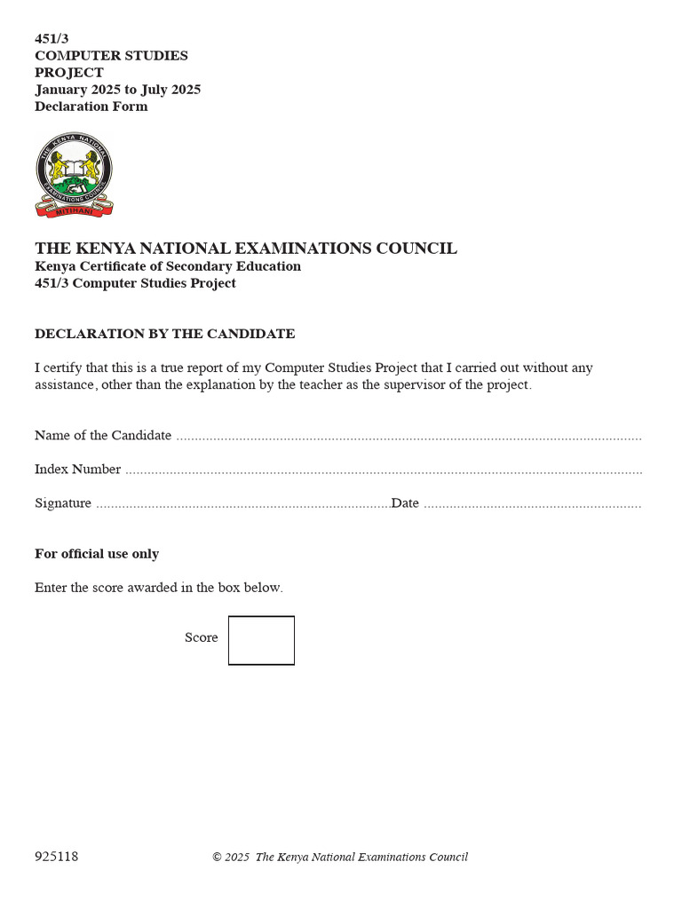KCSE Computer Studies Project Declaration | PDF