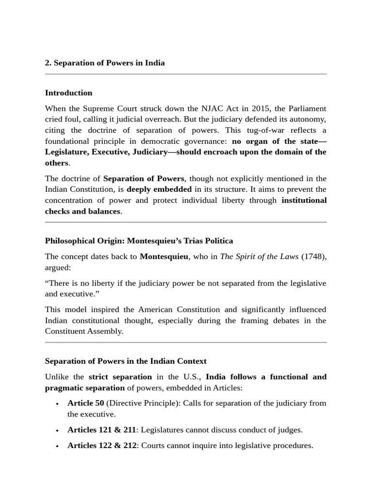 Separation of Powers in India Explained | PDF | Separation Of Powers ...