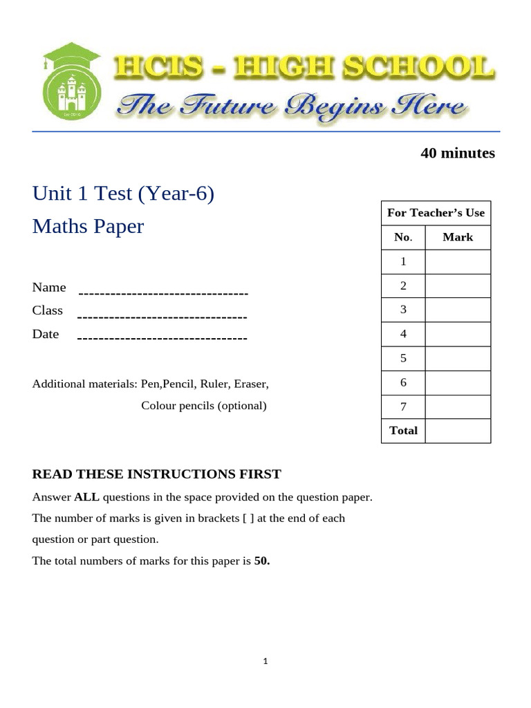 Year 6 Maths Unit 1 Test Paper | PDF