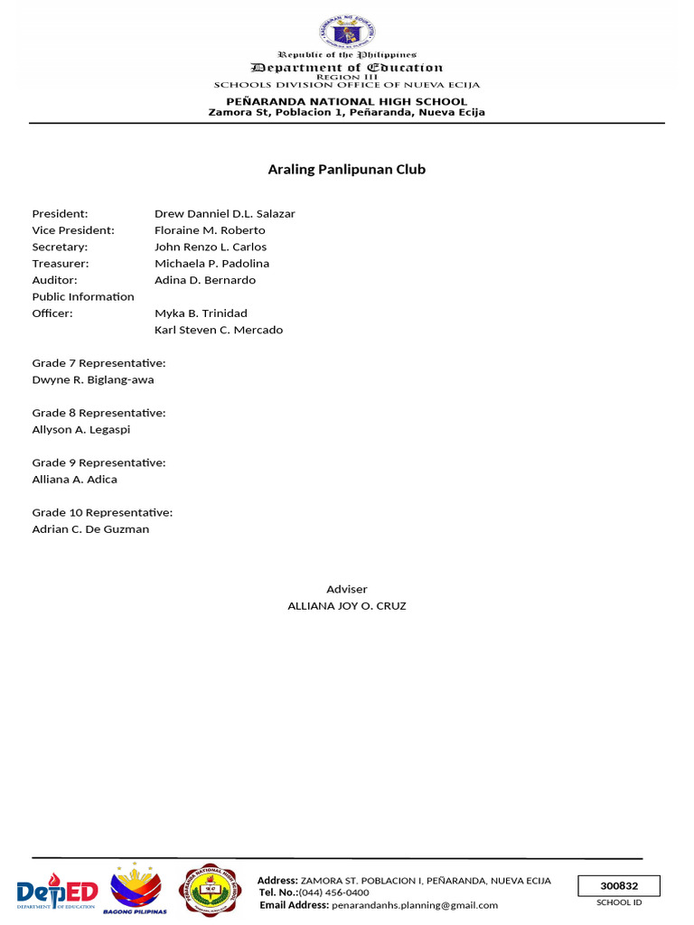 Araling Panlipunan Club Officers | PDF