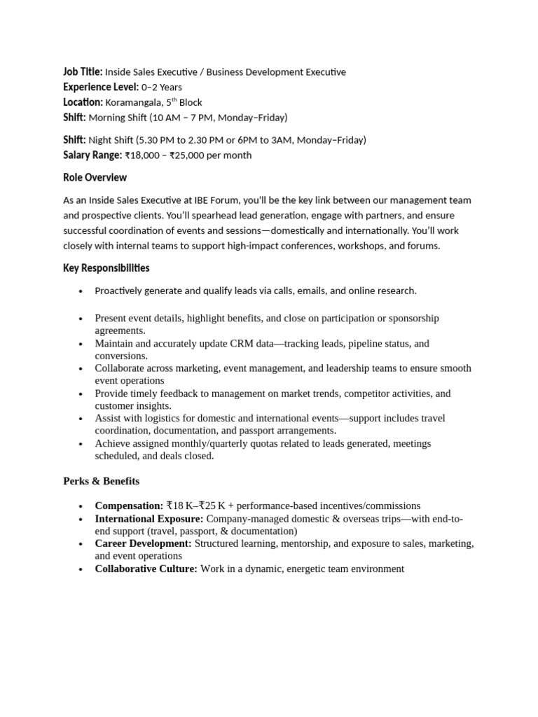 Inside Sales Executive Job in Koramangala | PDF