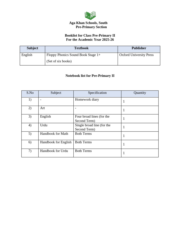Pre-Primary II Booklist 2025-26 | PDF