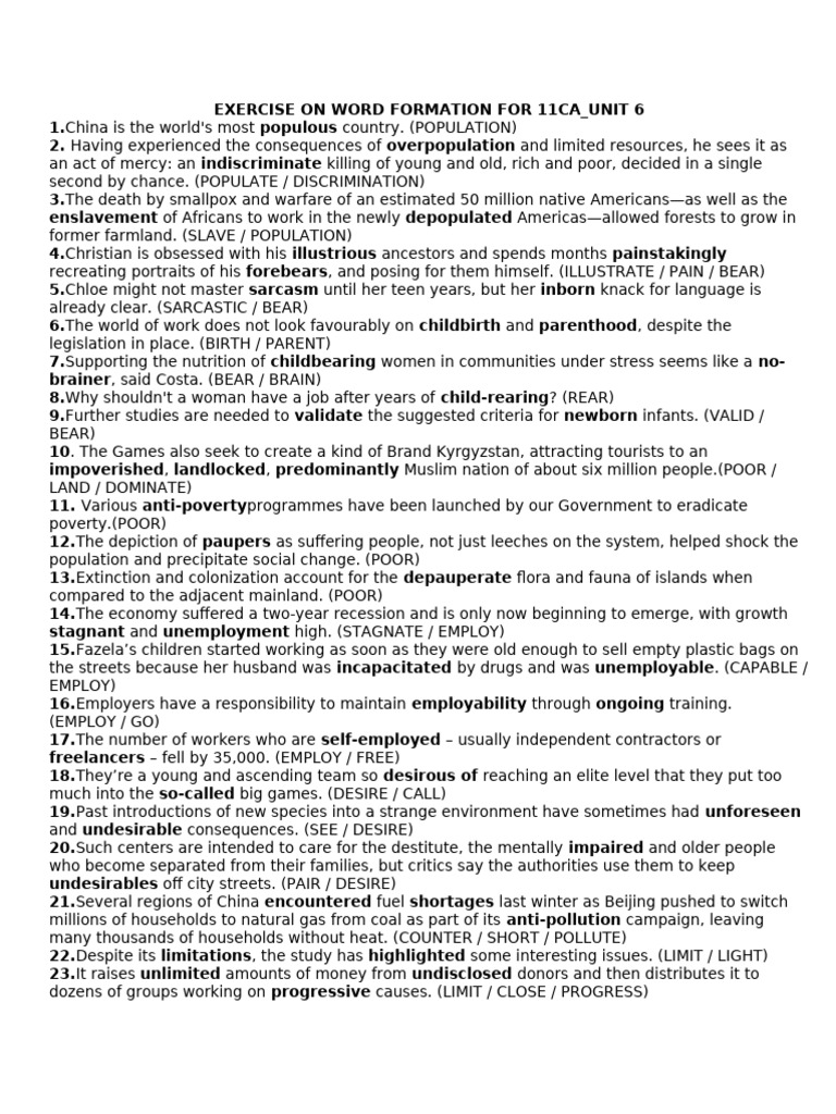 Keys U6 Exercise On Word Formation For 11ca | PDF | Abortion | Pregnancy