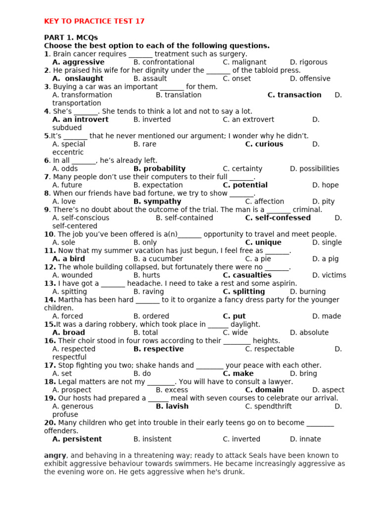 Practice Test 17 Answer Key | PDF | Assault