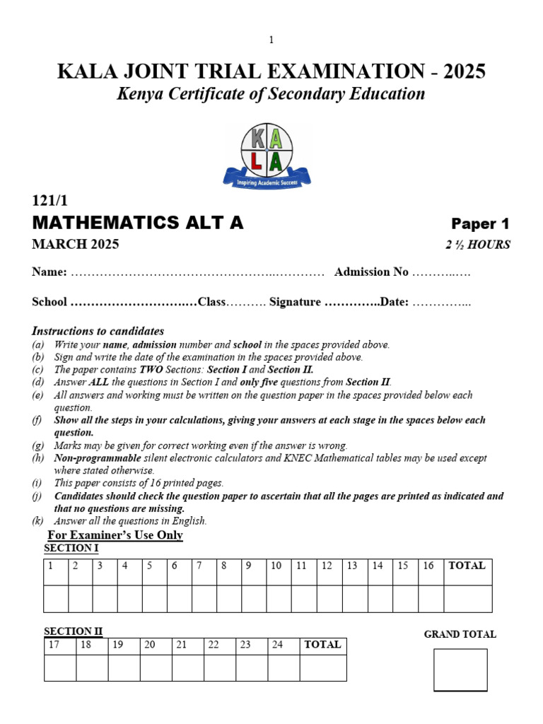 KCSE 2025 Mathematics Paper 1 Exam | PDF | Speed | Circle