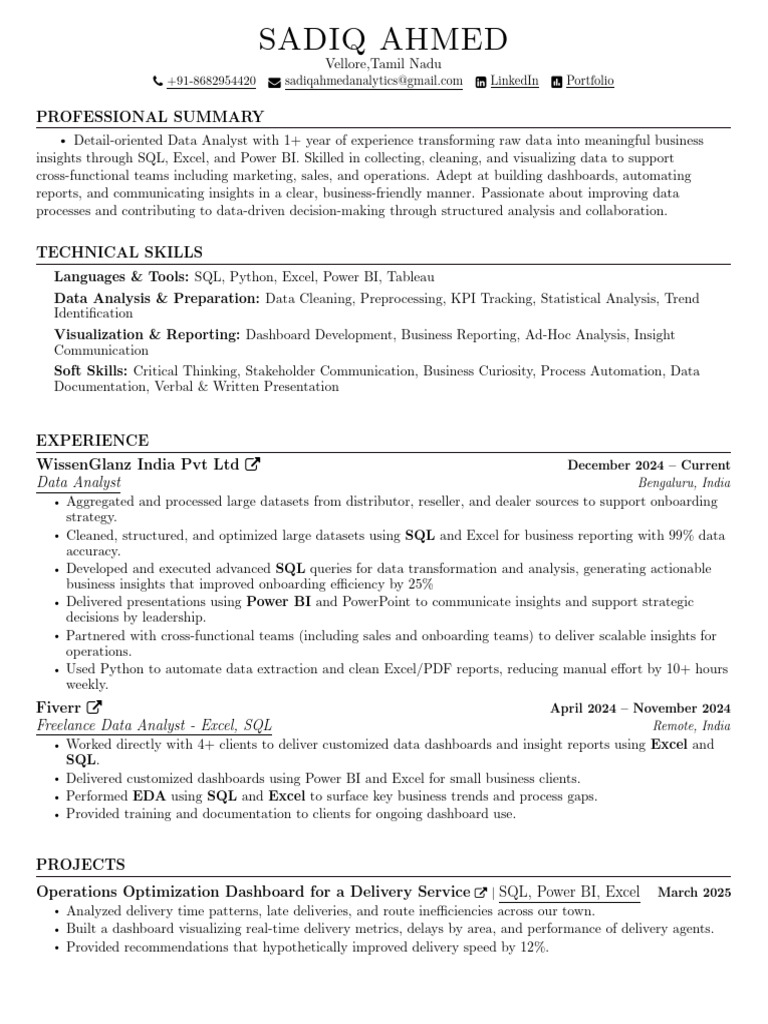 Data Analyst Profile: Sadiq Ahmed | PDF | Data | Data Analysis