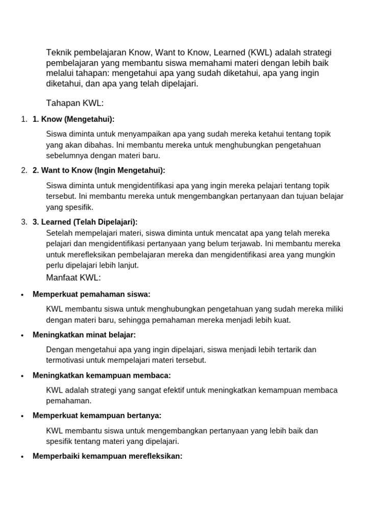 Teknik Pembelajaran Know, Want To Know, Learned (KWL) | PDF