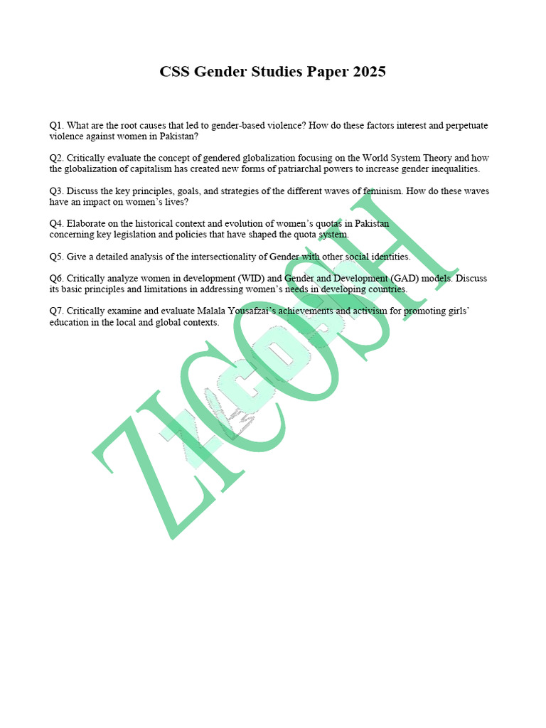 Gender Studies CSS Paper 2025 Insights | PDF