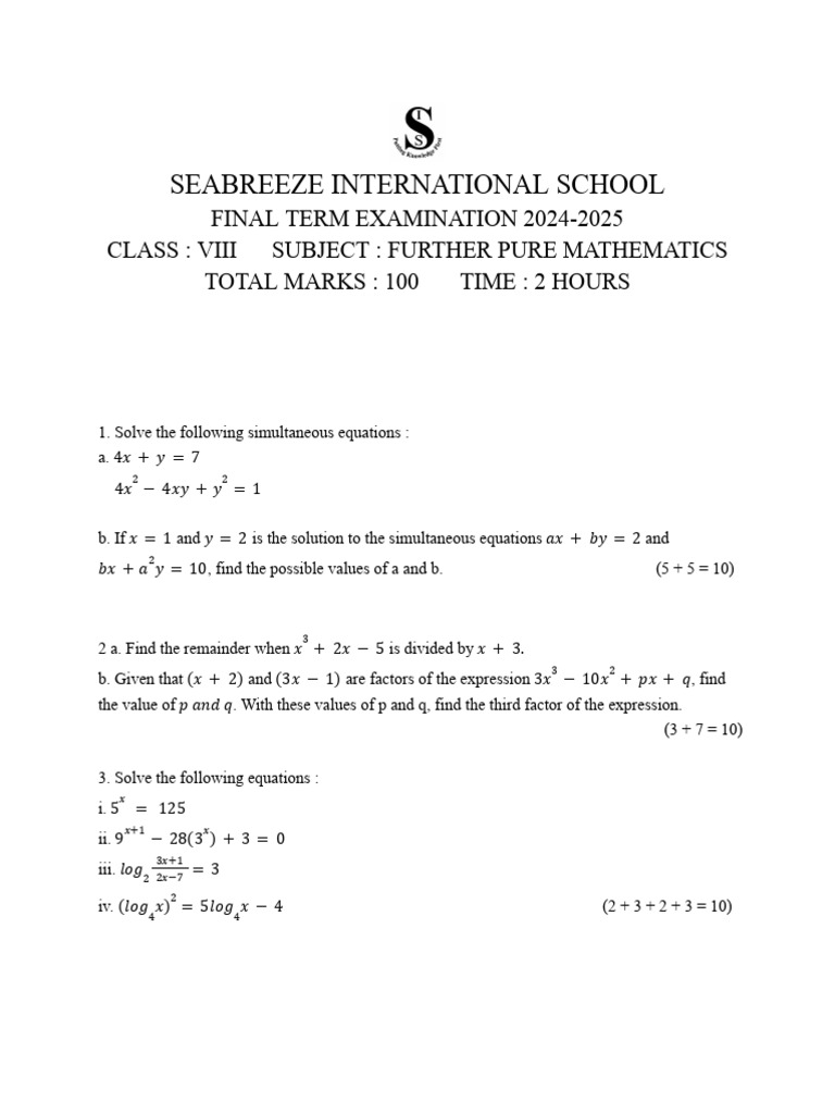 Final Exam Further Pure Mathematics VIII | PDF | Equations | Mathematics