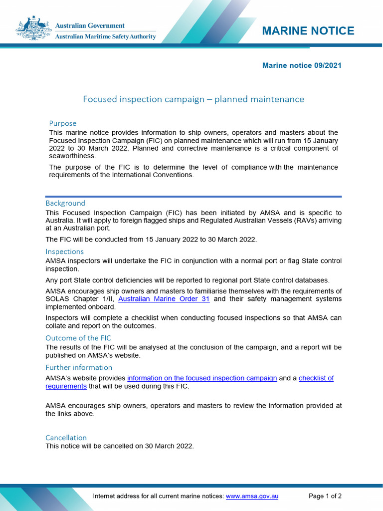 2021-09 Focused Inspection Campaign - Planned Maintenance | PDF