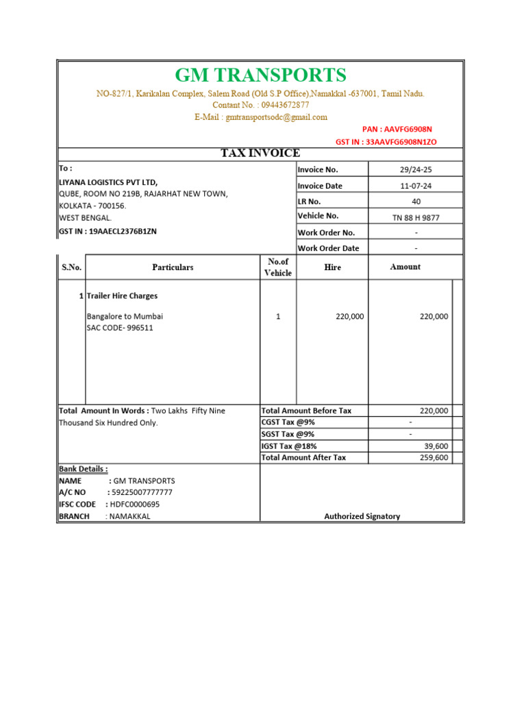 GM Transports: Tax Invoice | PDF