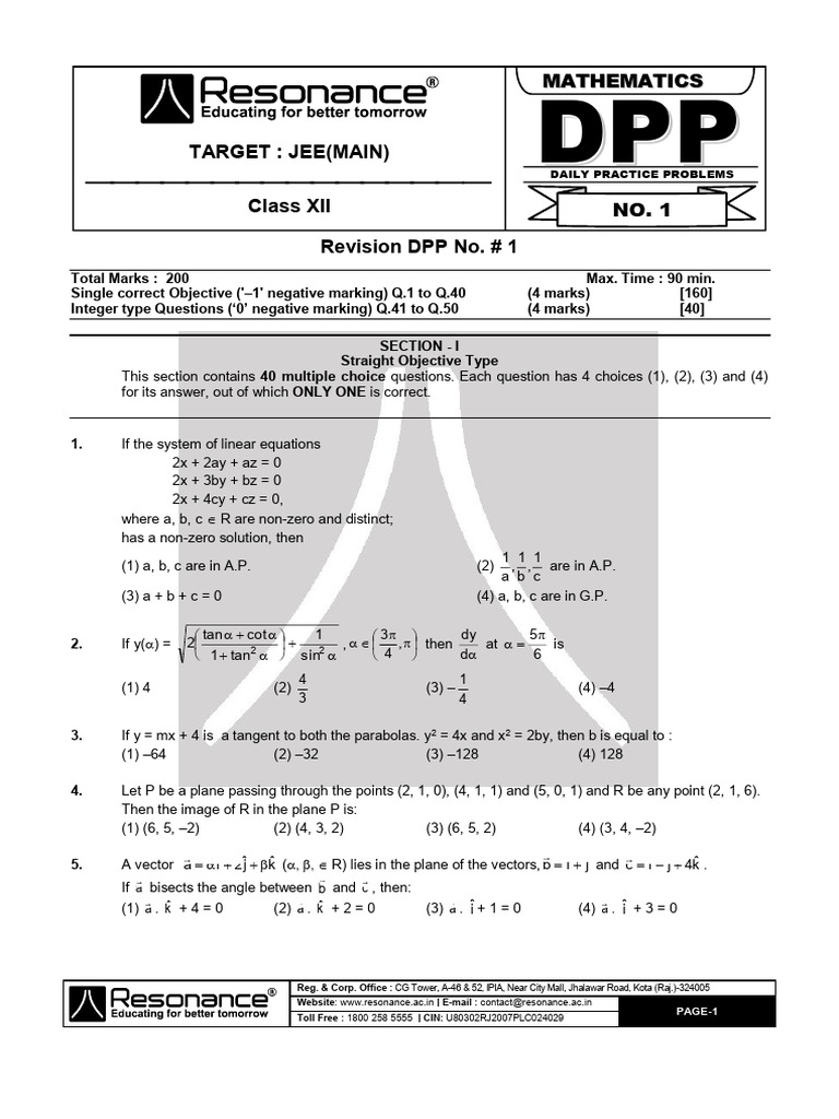 JEE Main Daily Practice Problems 1 | PDF | Mathematics | Mathematical ...