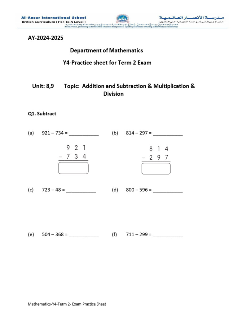 Y4 T 2 Practise Sheet Exam AY 2024 25 | PDF | Mathematics | Arithmetic