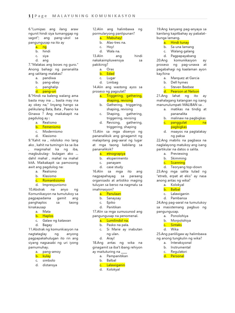 Malayuning Komunikasyon W Answer | PDF