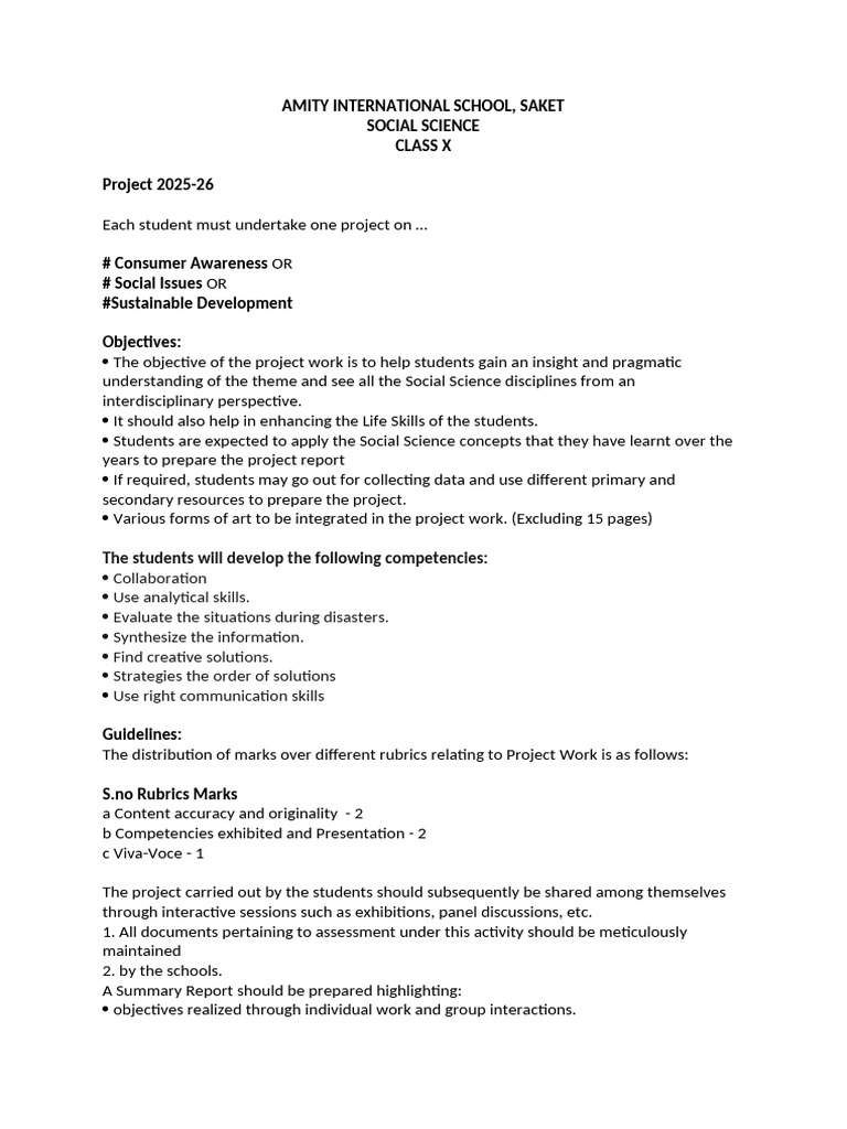Class X Social Science Project Guidelines | PDF