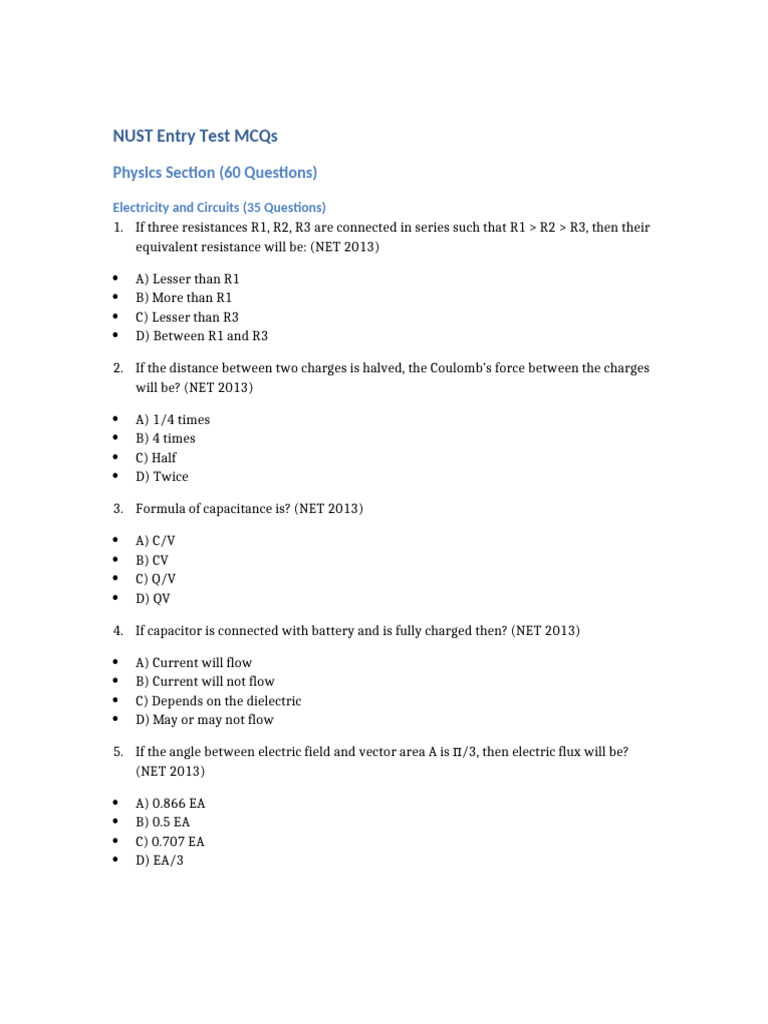 NUST Entry Test MCQs Overview | PDF