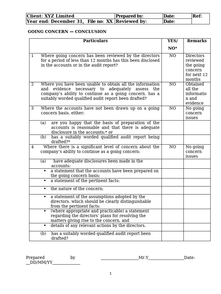 Going Concern Assessment for XYZ Limited | PDF | Going Concern ...