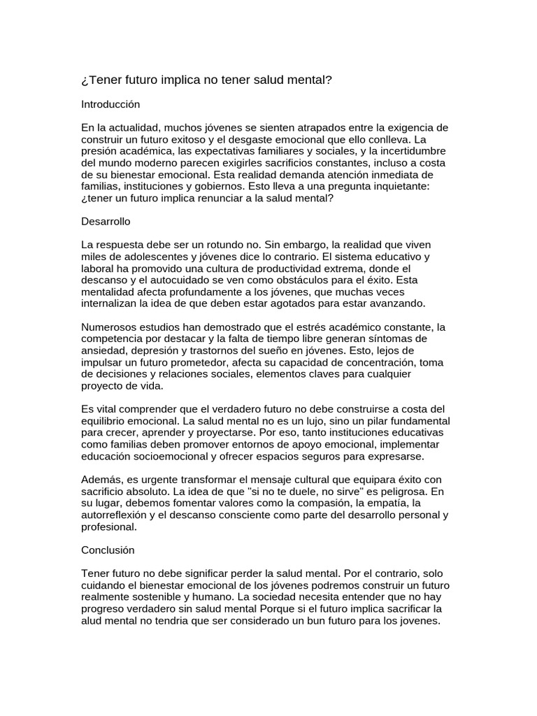 ¿Tener Futuro Implica No Tener Salud Mentaldocx | PDF | Salud mental ...