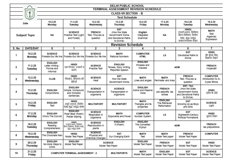 DPS Class VII-B Terminal Assessment Schedule | PDF | Linguistics | Grammar