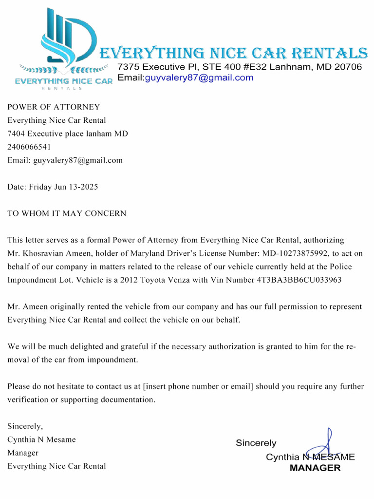 Letter From Everything Car Rentals 13 2025 | PDF