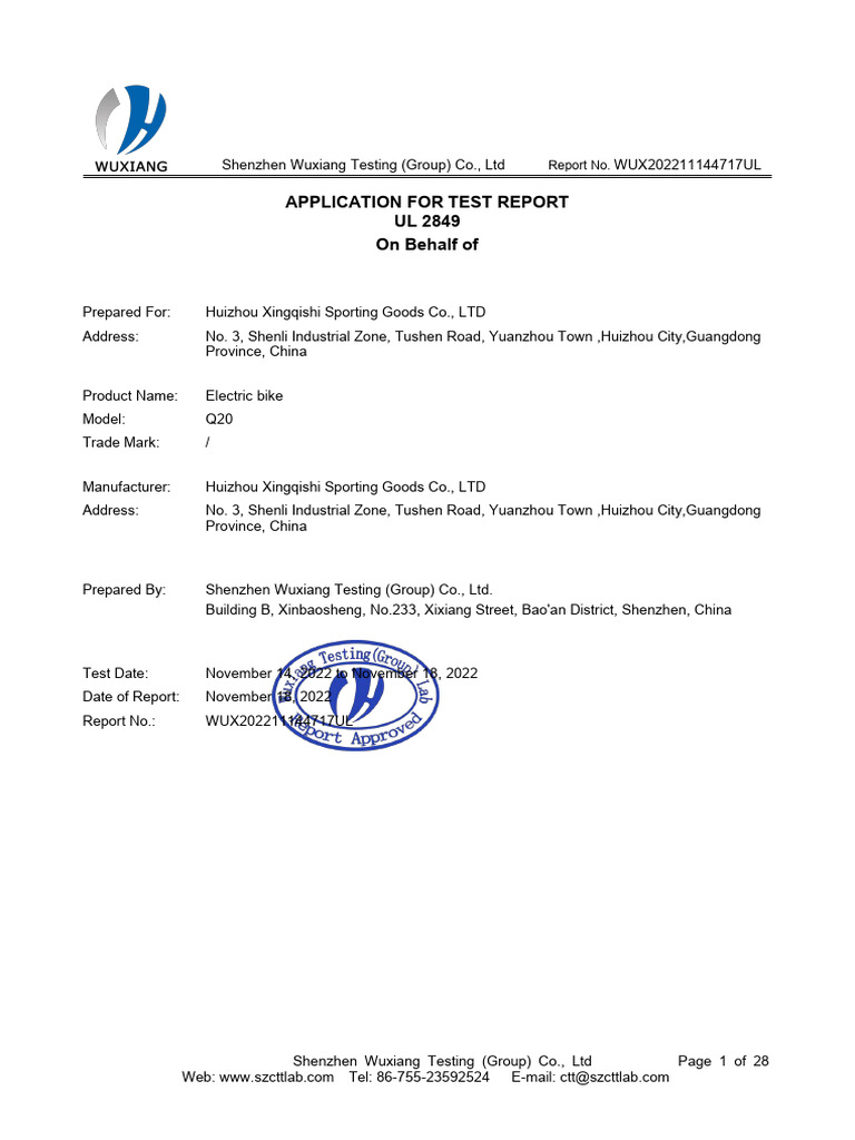 UL 2849 Test Report for Electric Bike | PDF | Electrical Breakdown ...