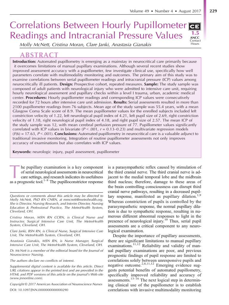 Correlations Between Hourly Pupillometer Readings and Intracranial ...
