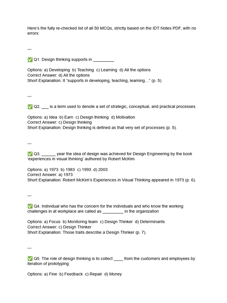 50 Design Thinking MCQs with Answers | PDF | Innovation | Design Thinking