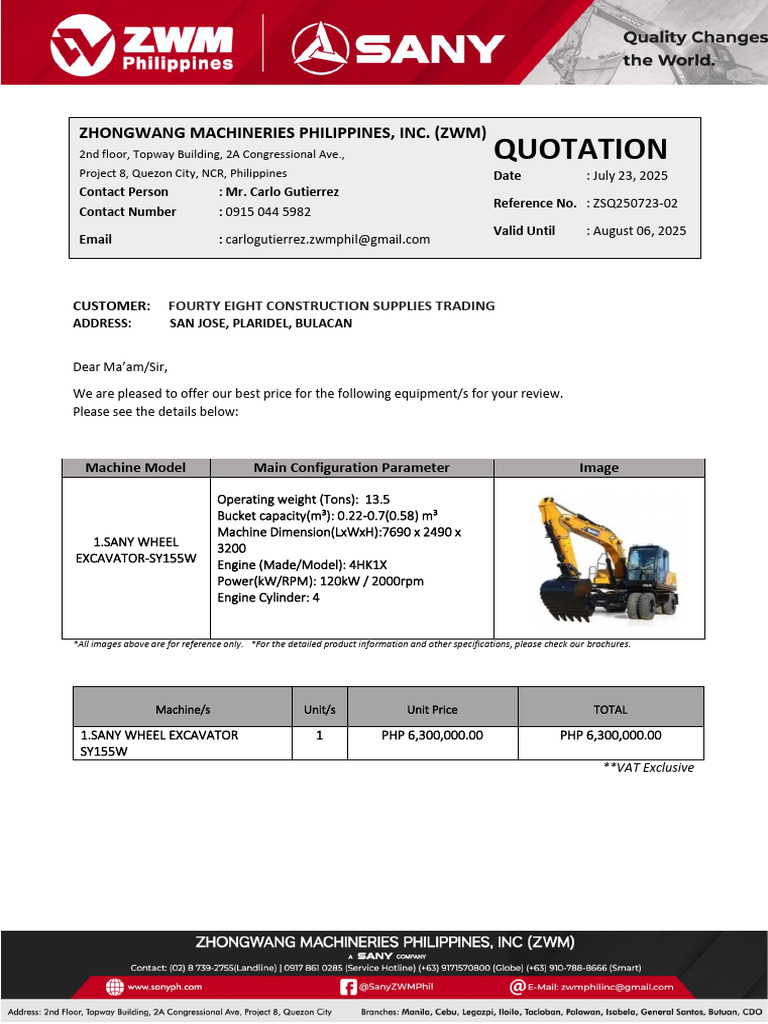 ZSQ250723-02 - CG - Sany SY155W-FOURTY EIGHT | PDF