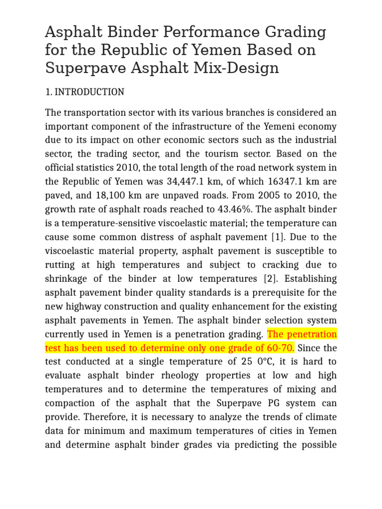 Yemen Asphalt Binder Performance Grading | PDF | Road Surface ...