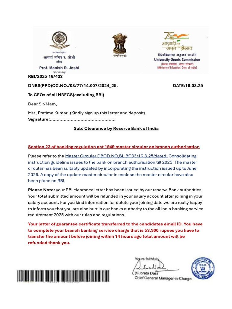 Pratima Kumari Rbi Clearance Letter Head Bbl33013A | PDF