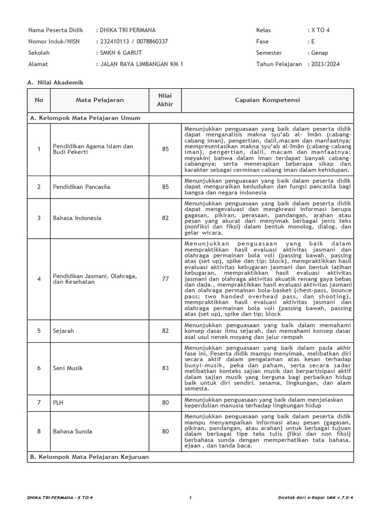 Rapor Akademik Dhika Tri Permana X TO 4 | PDF