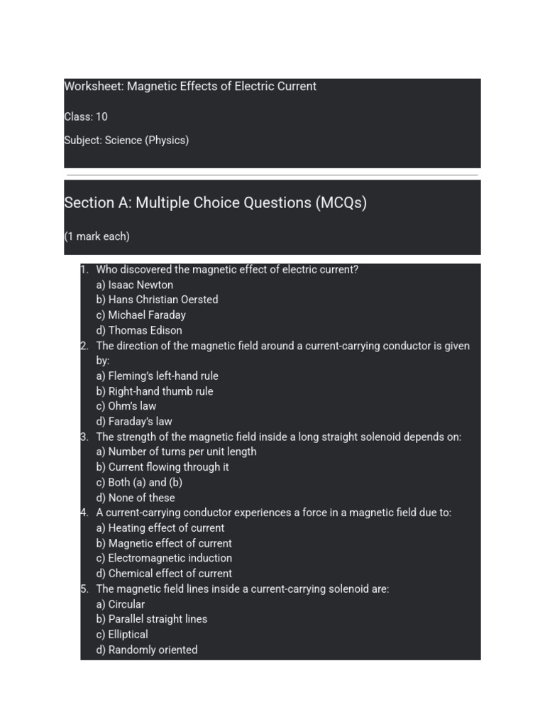 Class 10 Magnetic Effects Worksheet | PDF | Magnetic Field ...