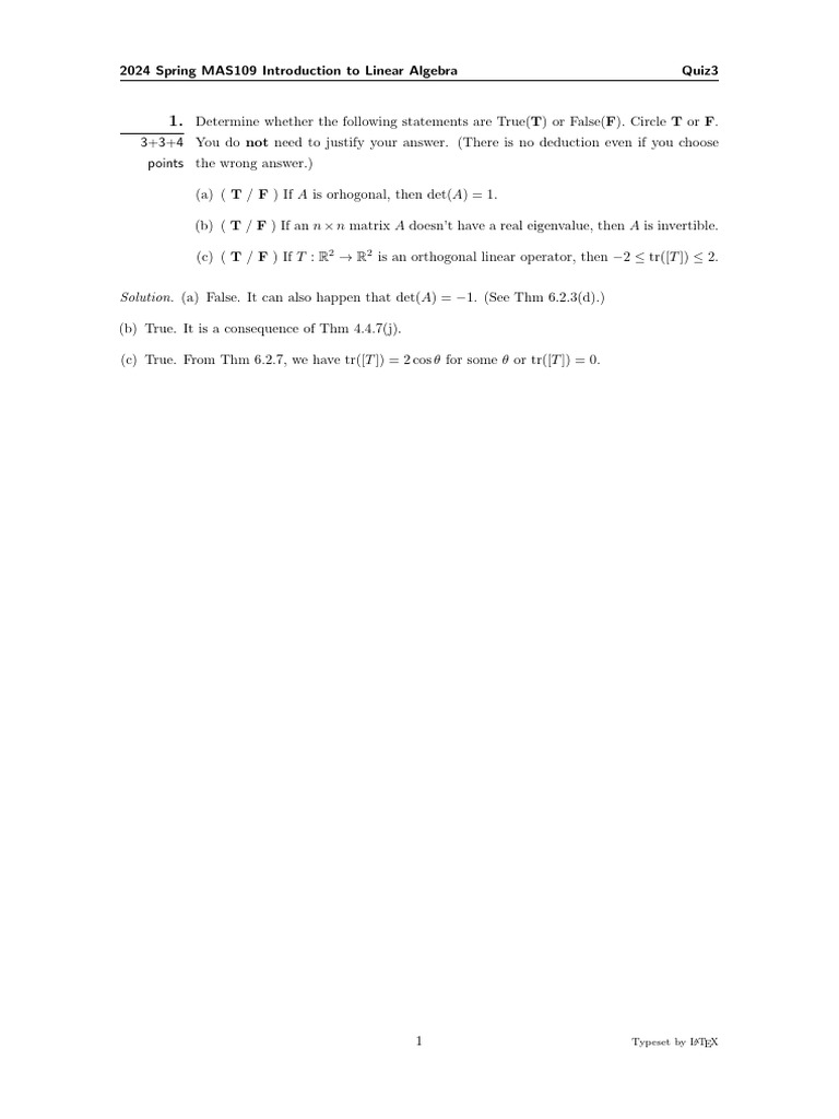 MAS109 Linear Algebra Quiz 3 Solutions | PDF | Linear Algebra | Applied ...