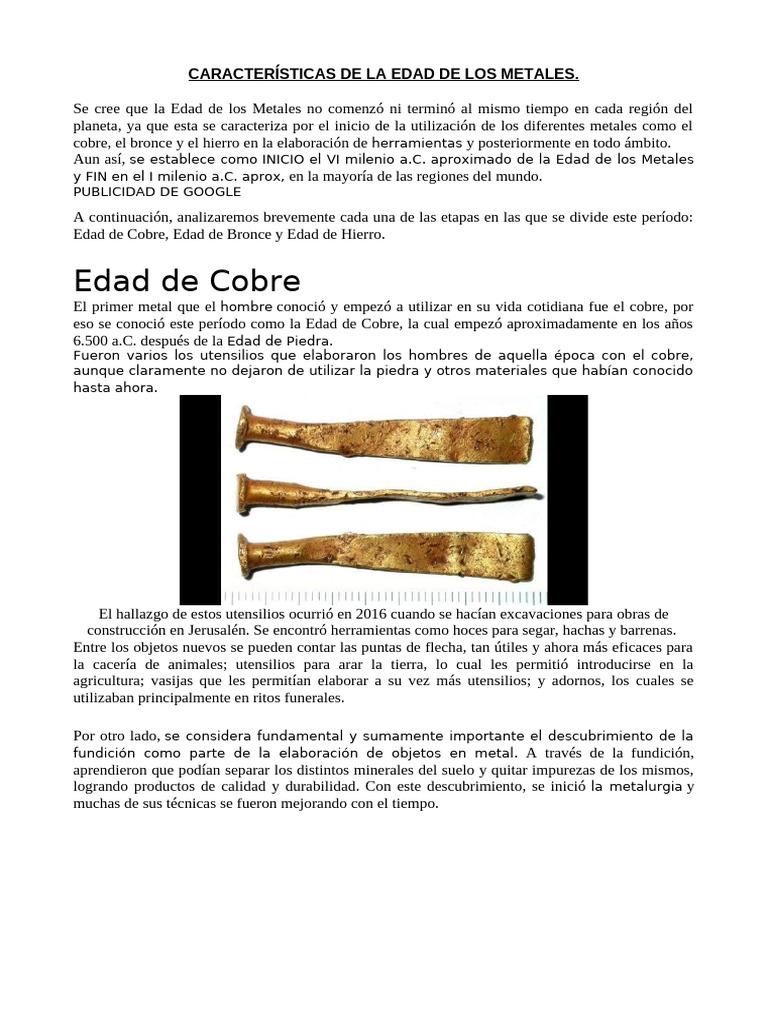 Características de la Edad de los Metales | PDF | Bronce | Metalurgia