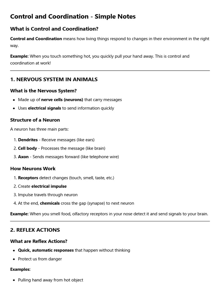 Control and Coordination - Simple Notes | PDF | Neuron | Hormone