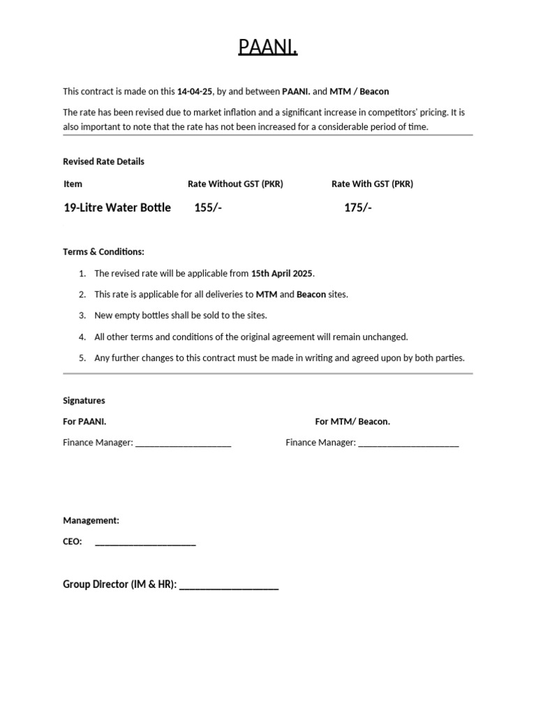 PAANI Revised Water Bottle Rates 2025 | PDF