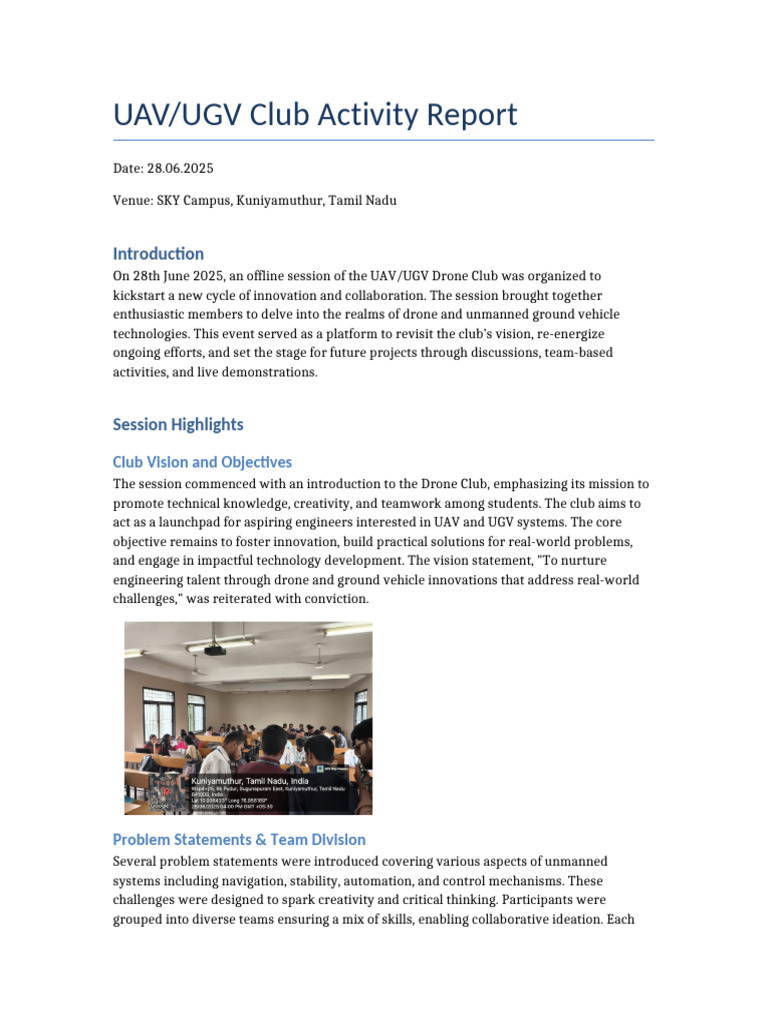 UAV/UGV Club Innovation Session Report | PDF | Unmanned Aerial Vehicle