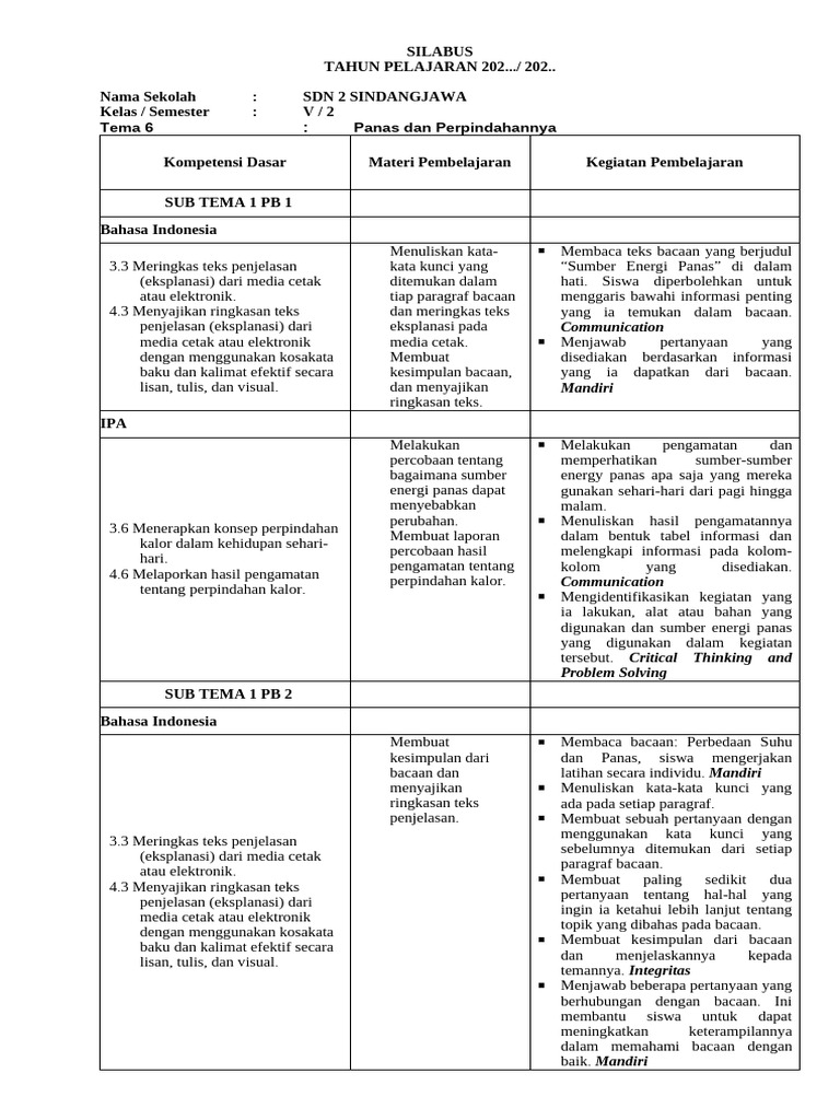 Silabus Kls 5 Semester 2 | PDF