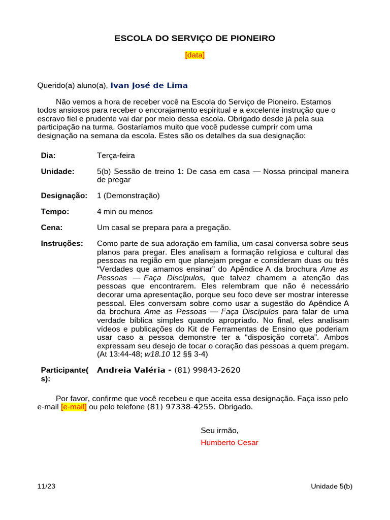 Designação para Escola do Serviço de Pioneiro | PDF