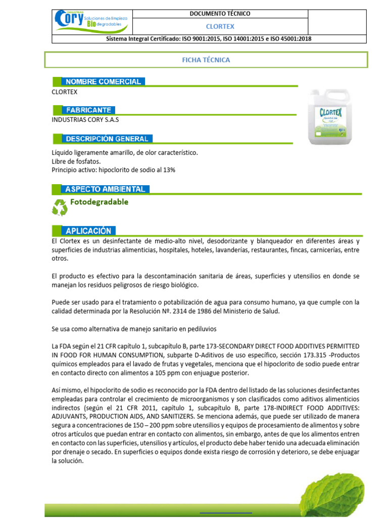 Desinfectante Clortex: Usos y Preparación | PDF | Agua | Cloro