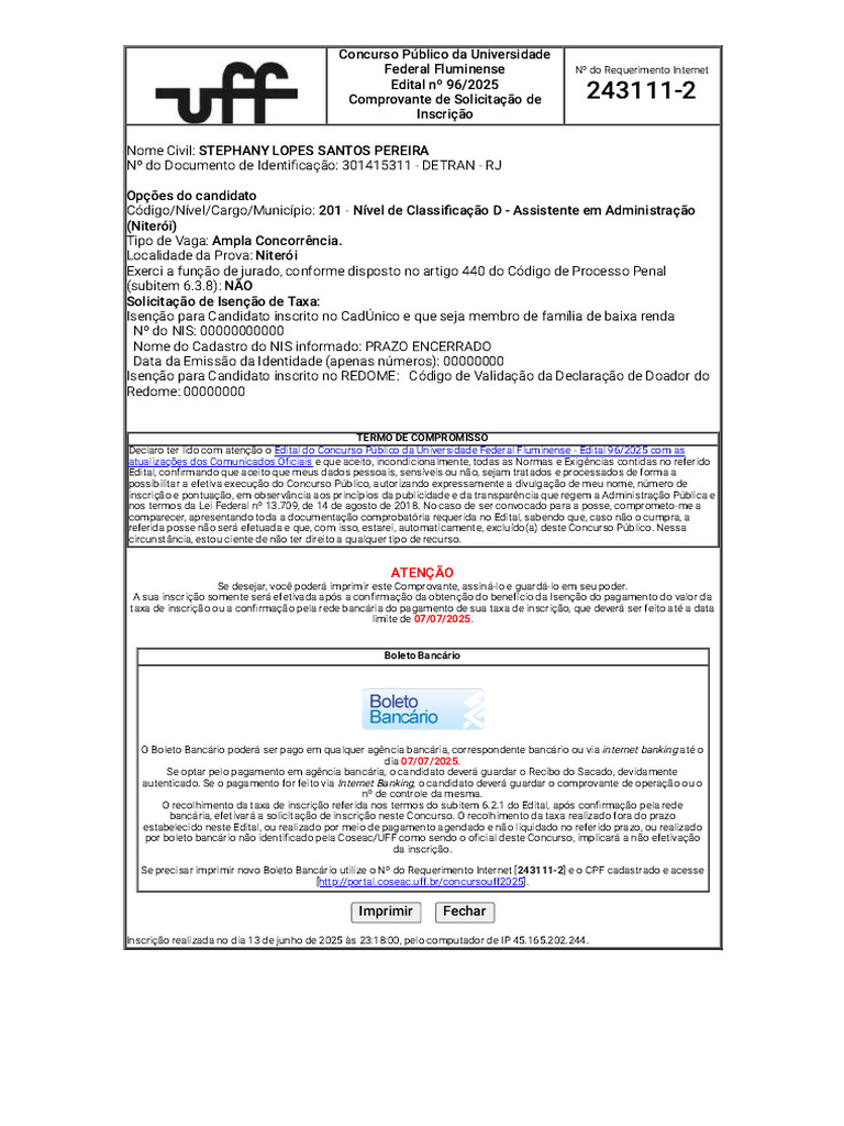 Inscrição Concurso UFF 2025: Comprovante e Isenção | PDF | Internet